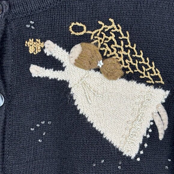 Carroll Reed Black Embroidered Angel Cardigan Beaded Size Medium Holiday Winter - Picture 2 of 13